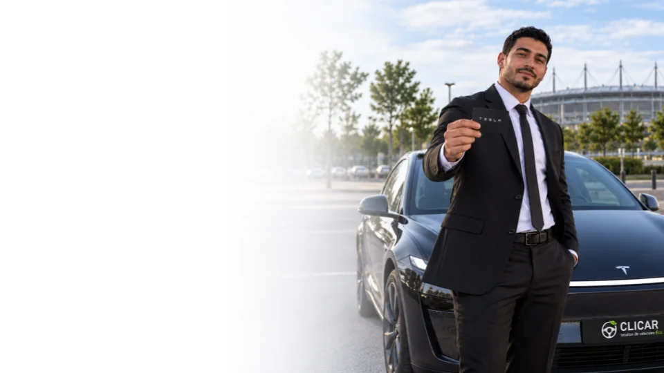 Chauffeur VTC présentant la carte-clé de sa Tesla louée chez Clicar